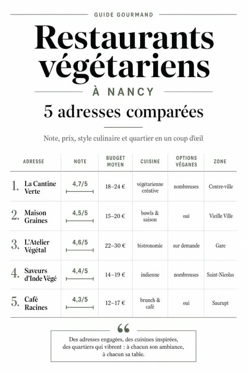 Comparatif des meilleurs restaurant végétarien nancy avec notes, budgets et options véganes