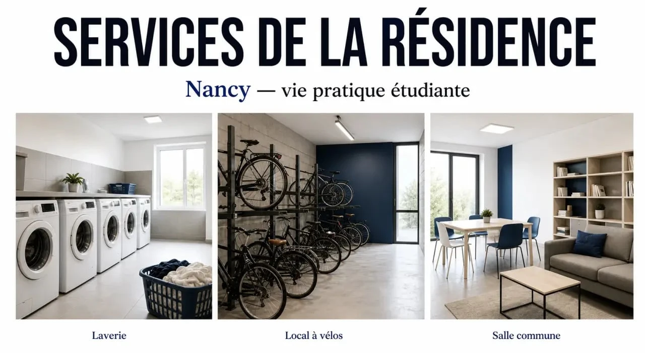 Services d’une résidence étudiante Nancy avec laverie, local à vélos et salle commune