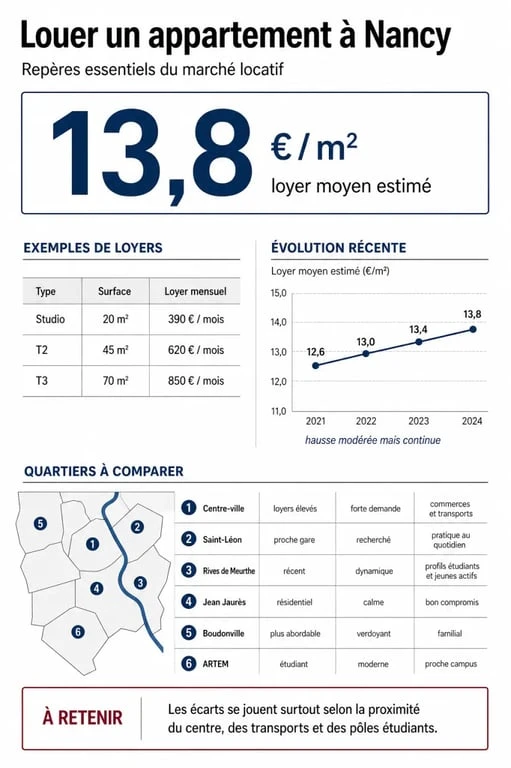 Infographie sur la location appartement sur Nancy avec loyers, surfaces et quartiers