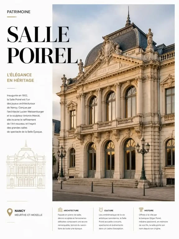 Façade historique de la Salle Poirel à Nancy, lieu emblématique pour les spectacles et concerts.