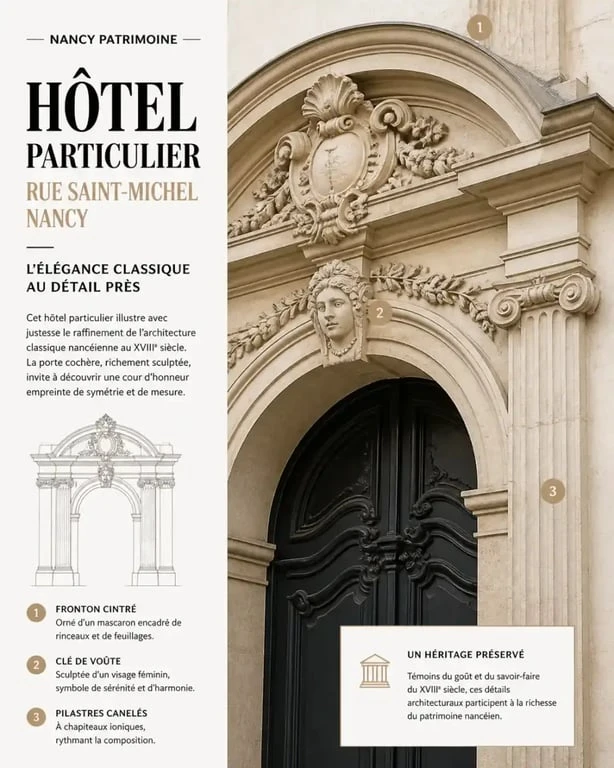 Détails architecturaux d'un hôtel particulier rue Saint-Michel à Nancy