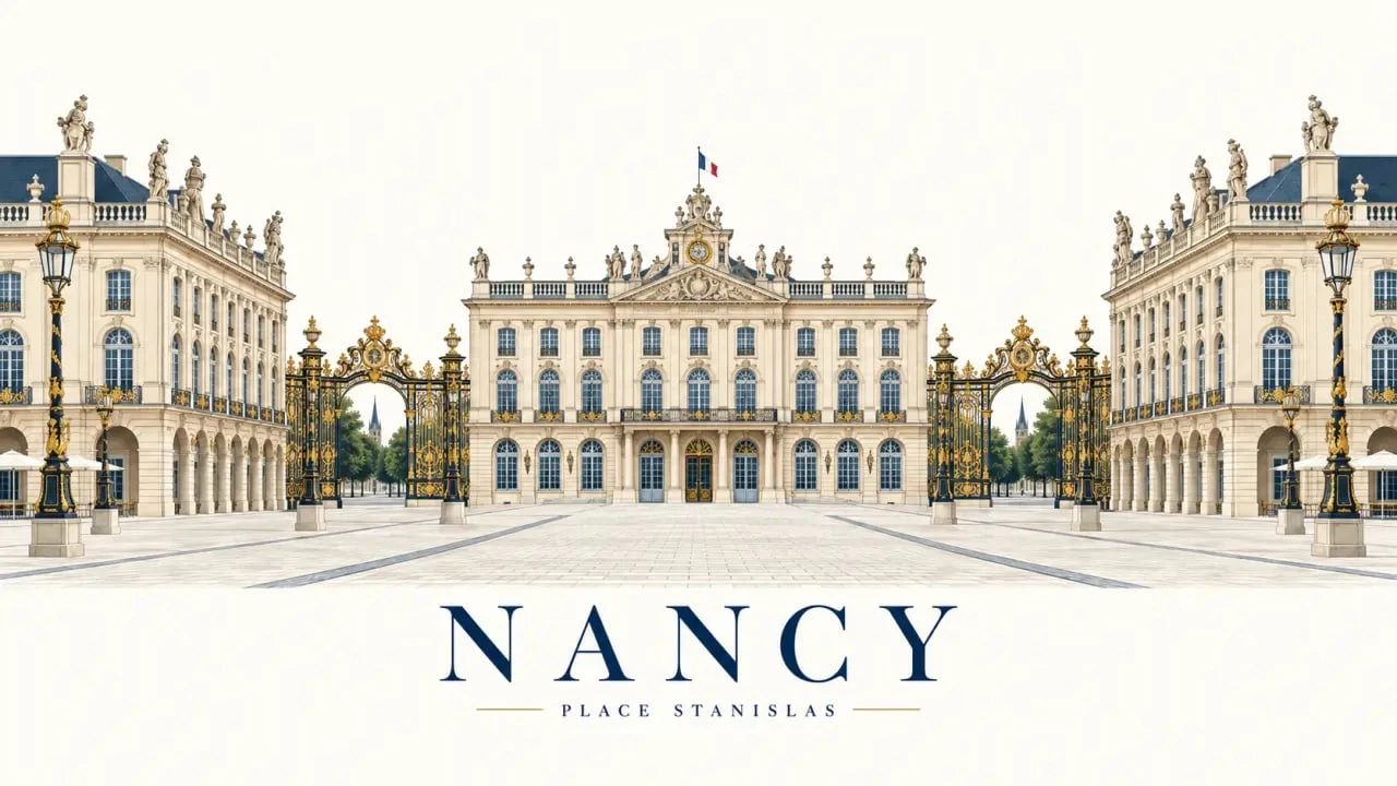 Affiche Nancy illustrée avec la place Stanislas, ses façades et ses grilles dorées