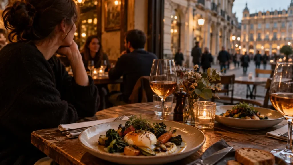 Restaurant gros nancy : assiette de saison et vin naturel sur table