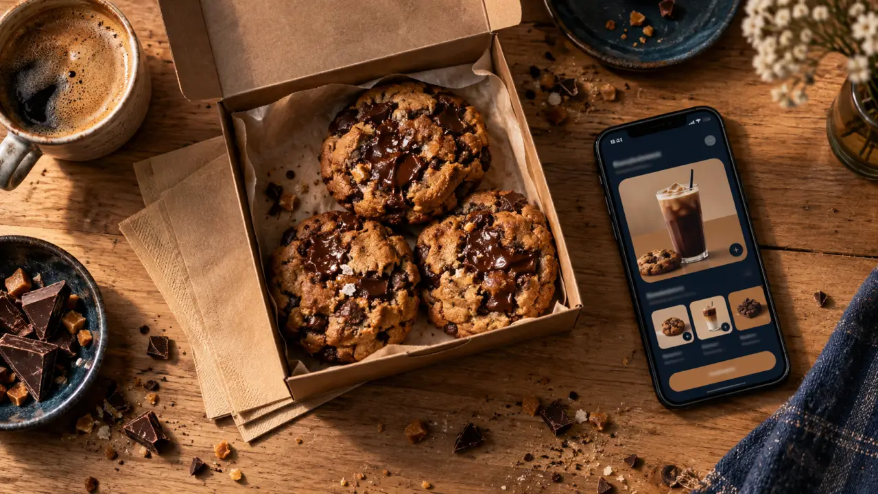 Cookies Nancy Cookcy : boîte de cookies et menu de commande sur smartphone